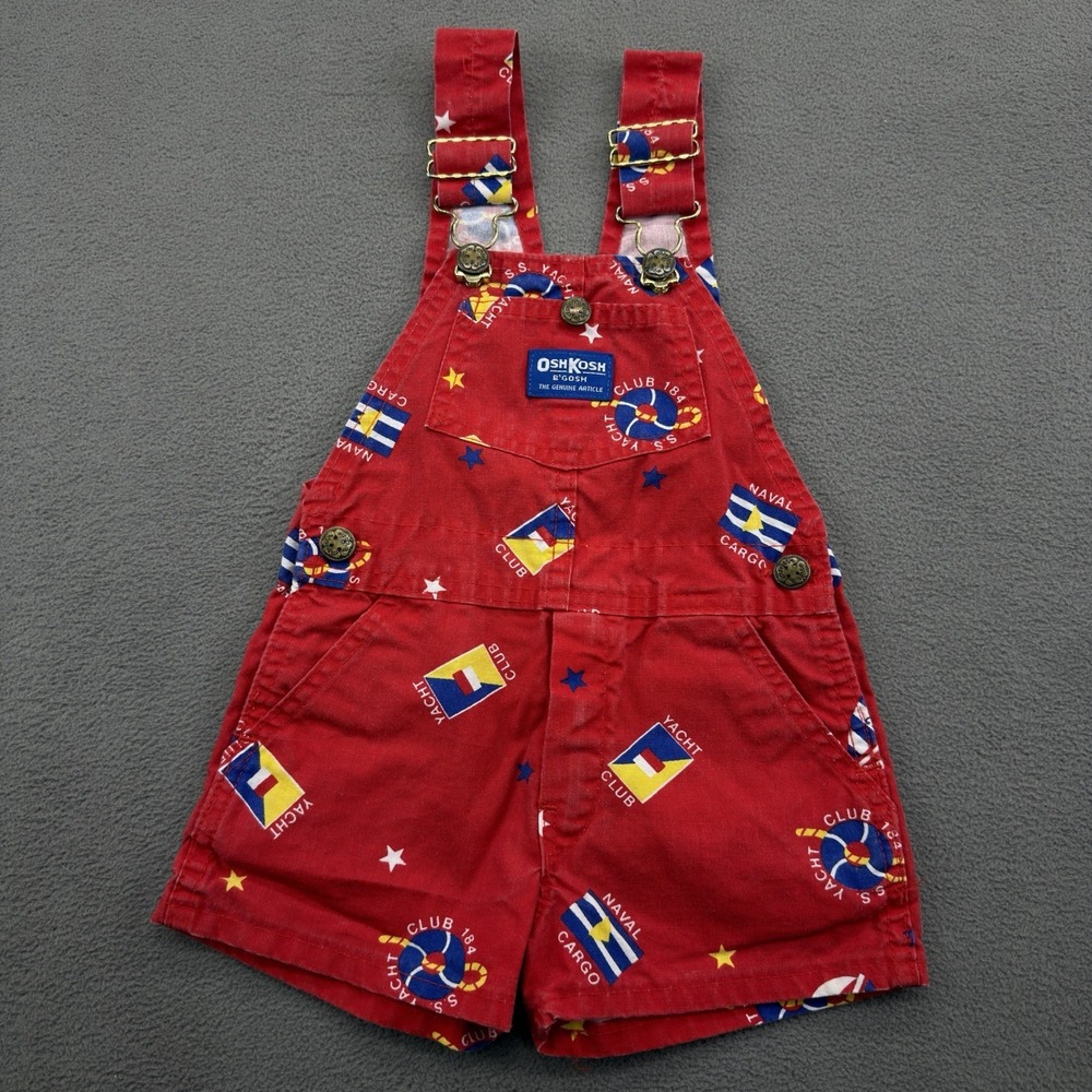 Vtg OshKosh Vestbak Shorts Overalls Shortalls SZ 2T Red Nautical Navy Yacht Club